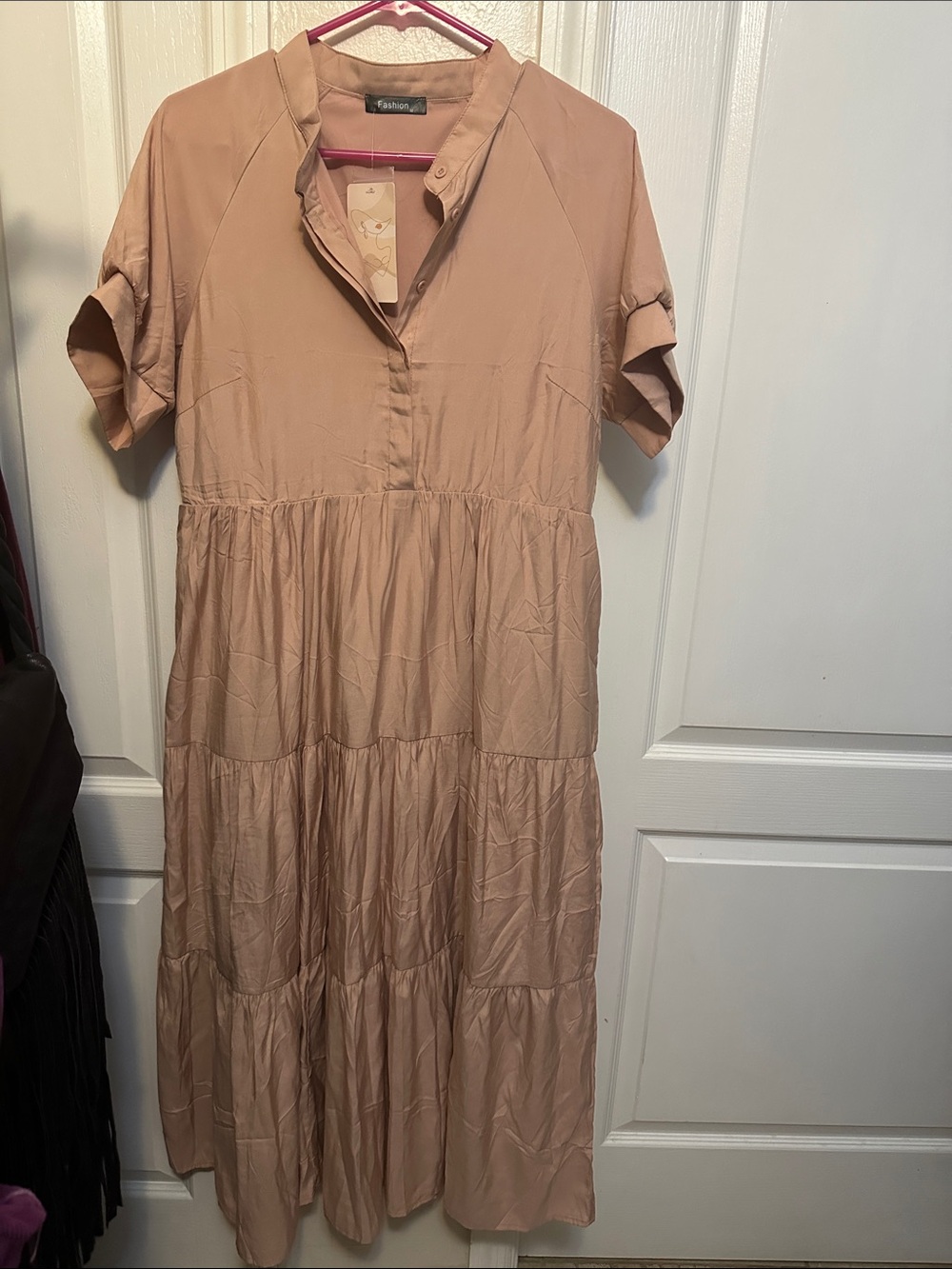 Midi Tiered Shirt Dress in Blush Pink